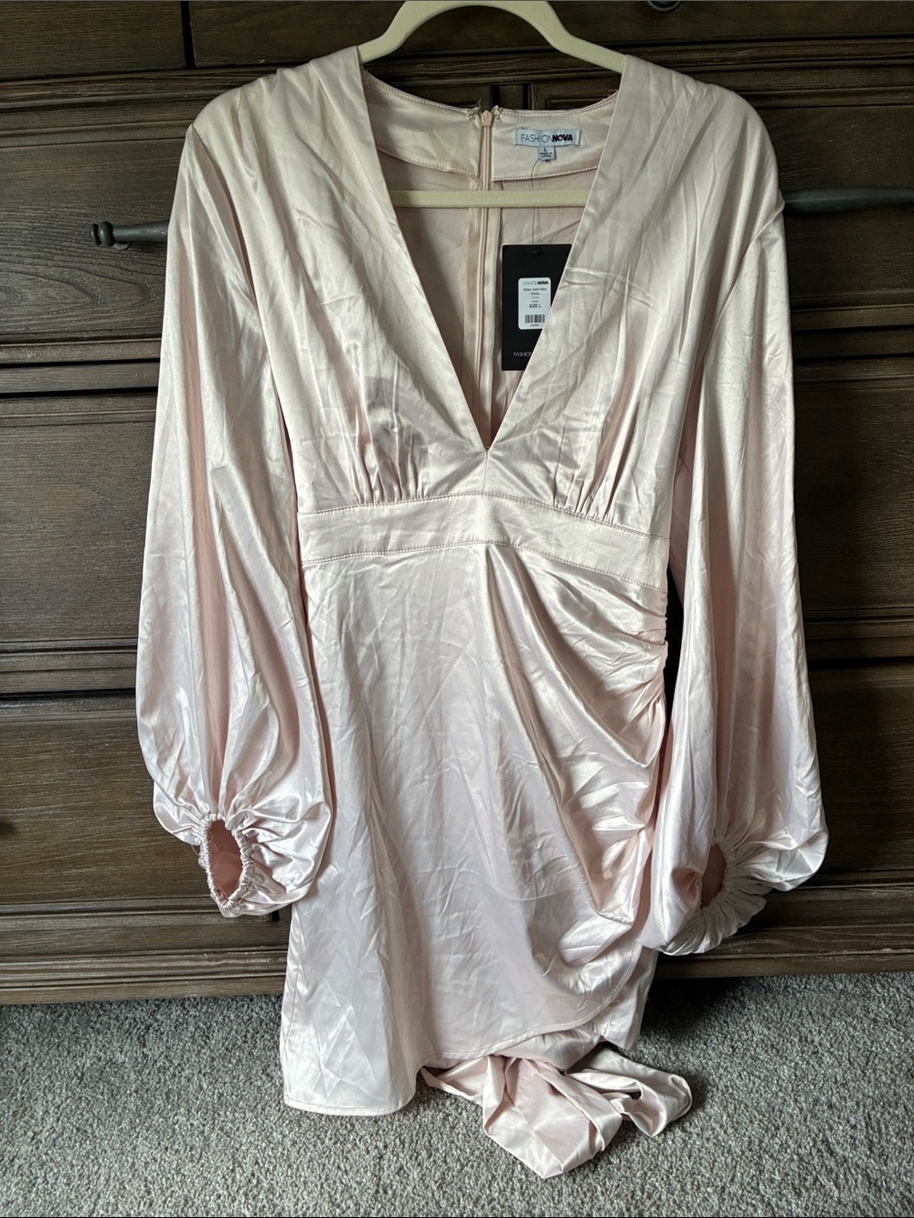 Fashion Nova Pale Blush Satin V-Neck Mini Dress